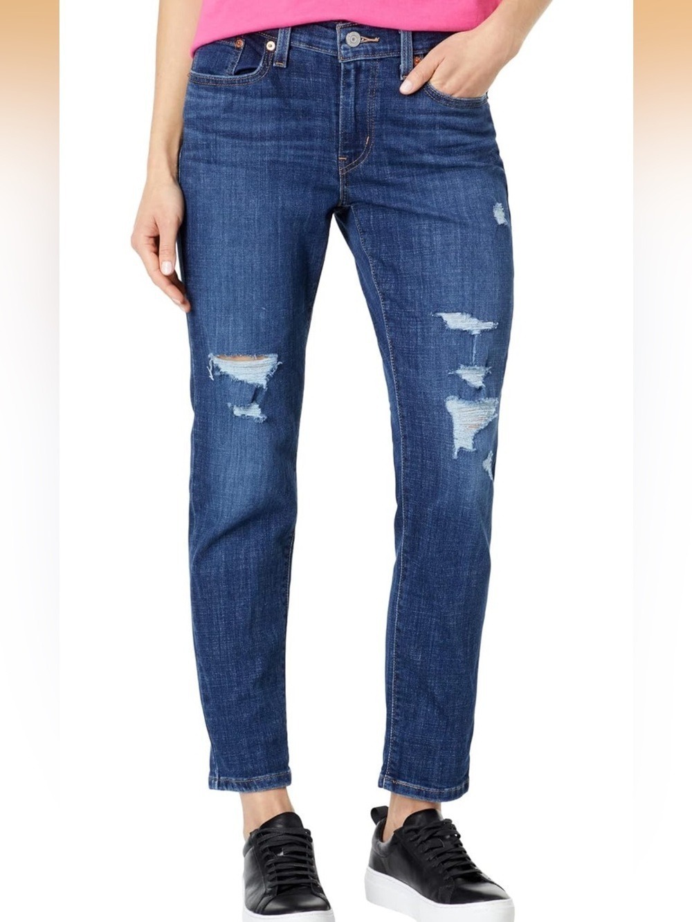 Levi’s Boyfriend Mid-Rise Medium Dark Wash Distressed Blue Jeans, size 28